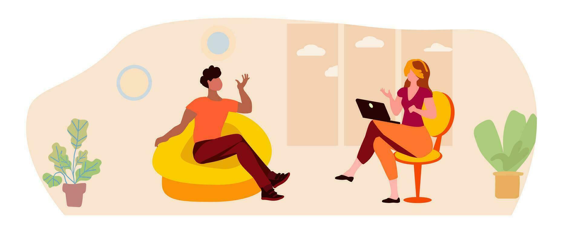 mujer y hombre hablando en un habitación con un ventana, vector ilustración