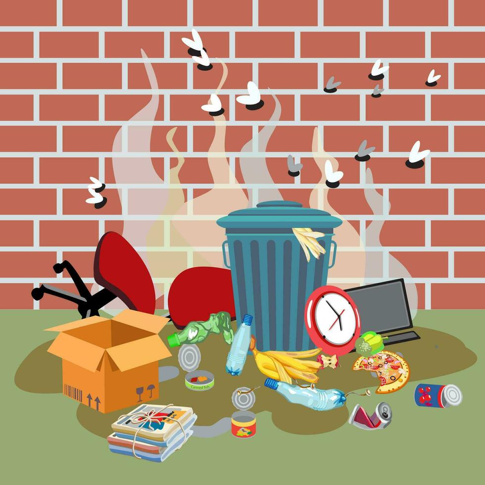Garbage bin with unsorted waste next to a brick wall. Dirty puddle vector