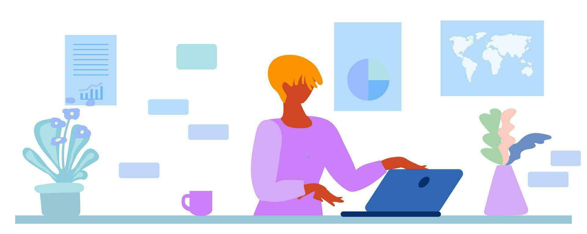 Remote work concept, girl at laptop, books, schedule, workplace, vector illustration
