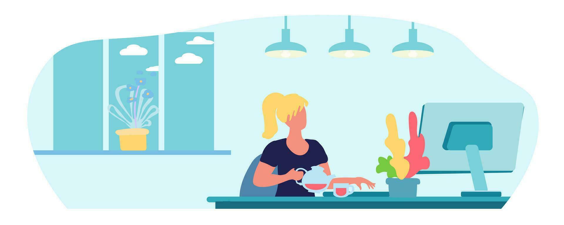 Female student at computer, remote work concept, freelancing, cartoon flat vector illustration