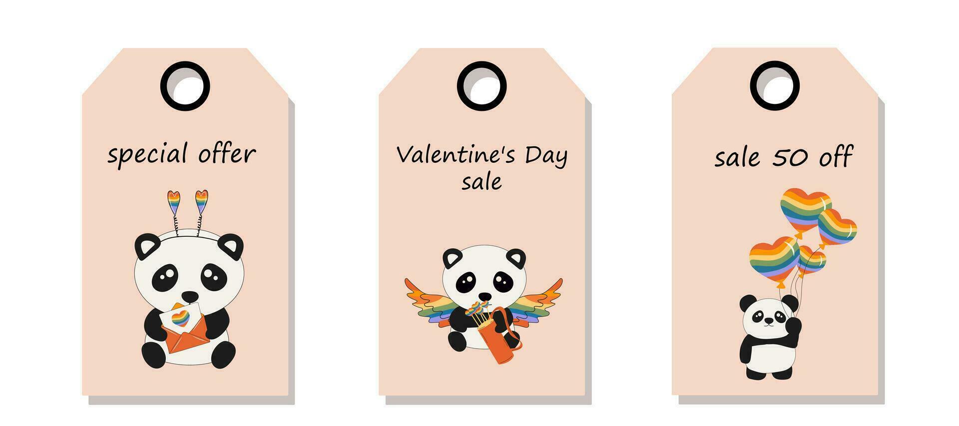 vector conjunto de descuento precio etiquetas etiquetas con linda pequeño sentado pandas sostiene arco iris corazones. San Valentín día venta.