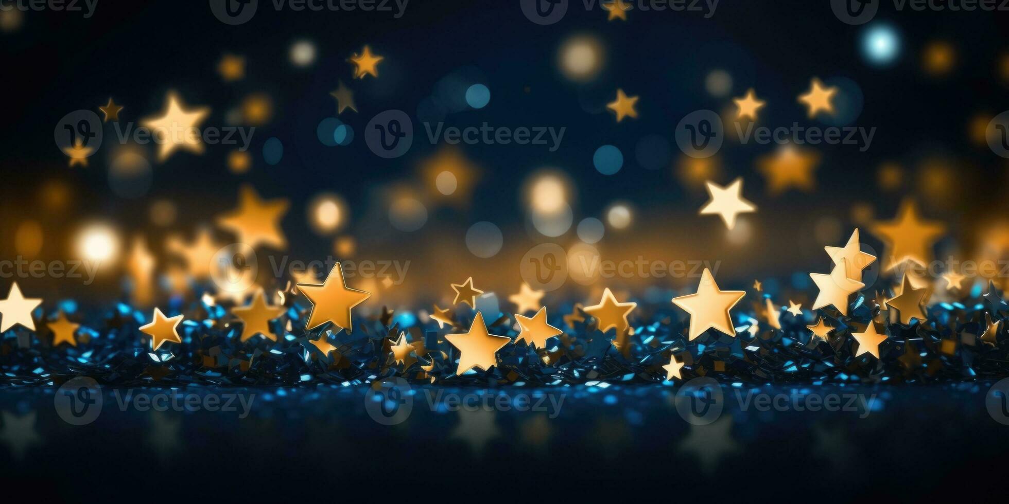 AI generated Golden stars on blue background with lighting effect and sparkle photo