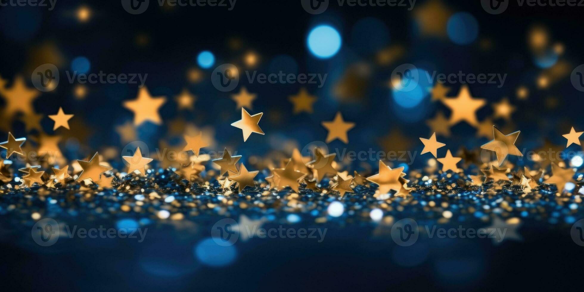 AI generated Golden stars on blue background with lighting effect and sparkle photo