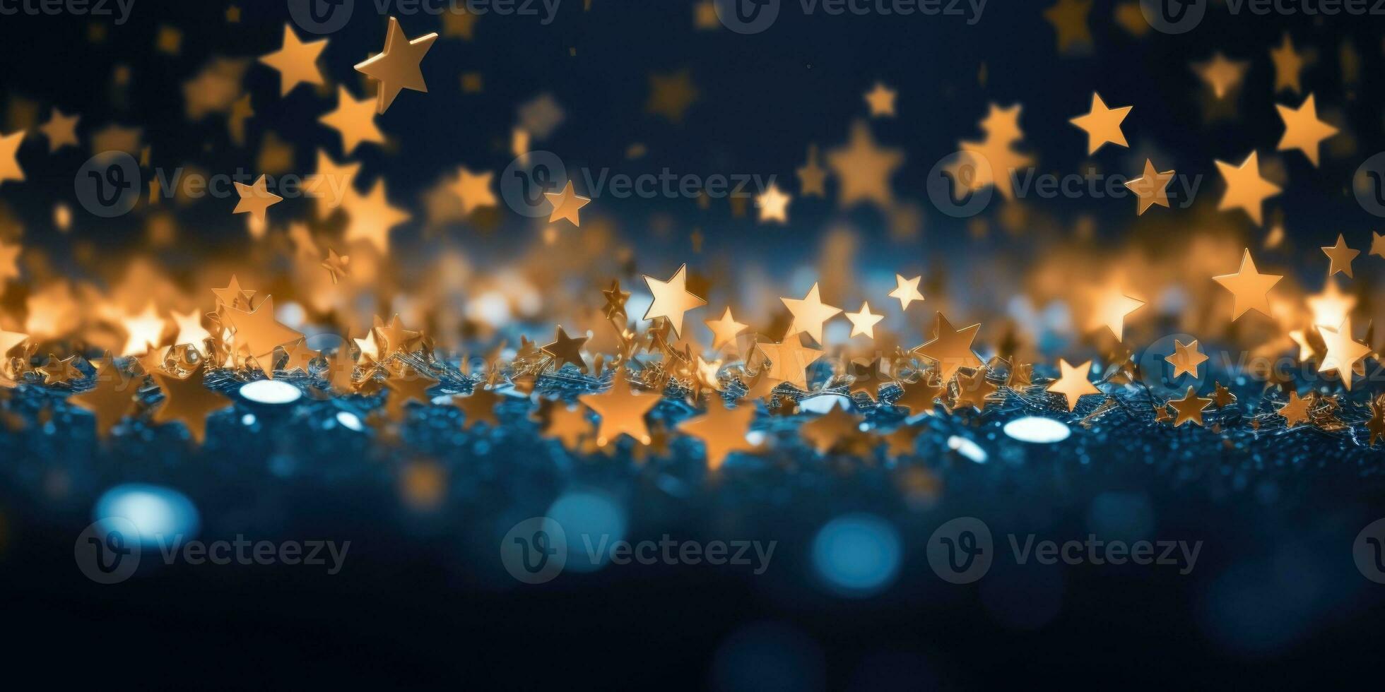 AI generated Golden stars on blue background with lighting effect and sparkle photo