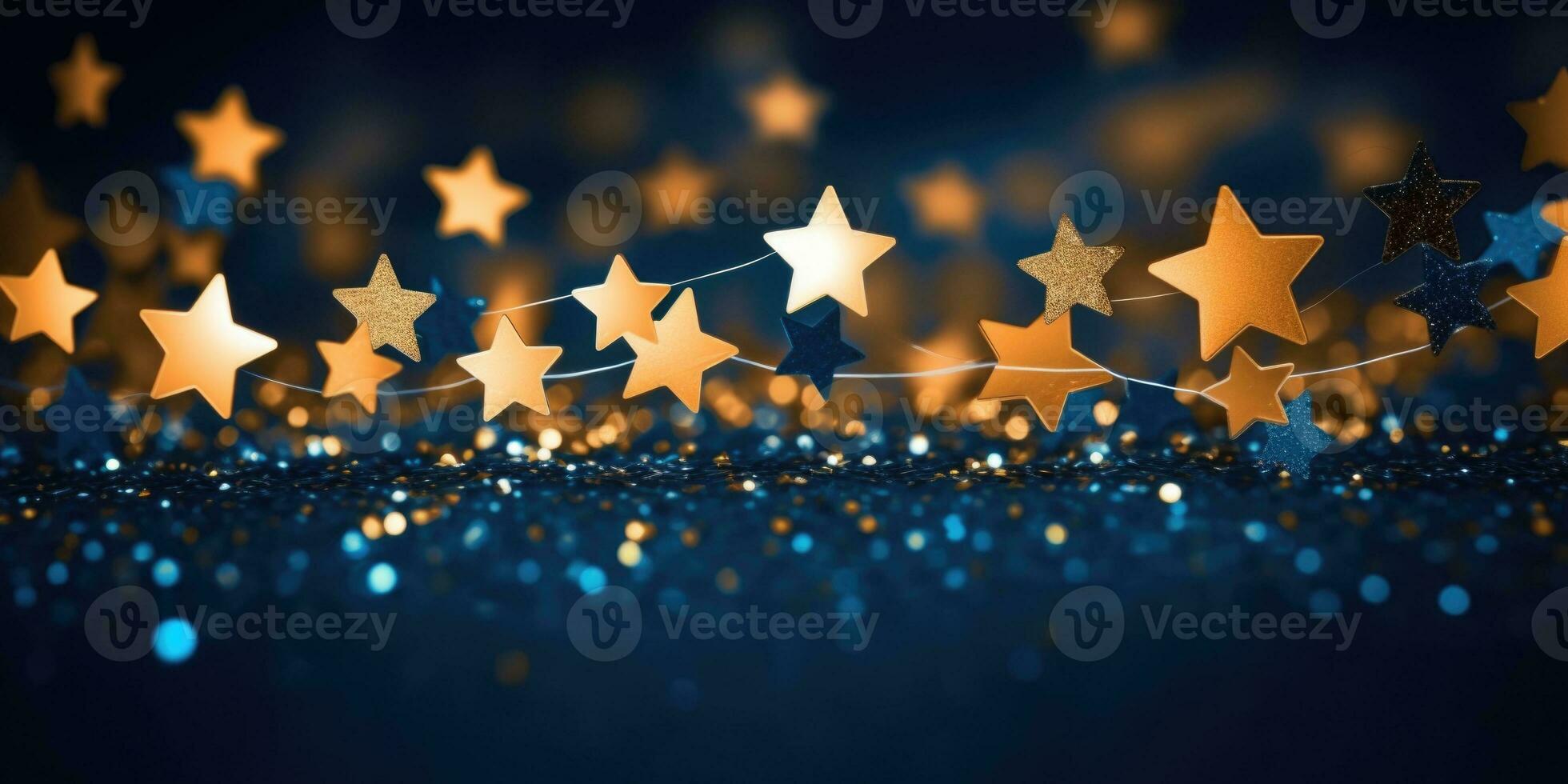 AI generated Golden stars on blue background with lighting effect and sparkle photo