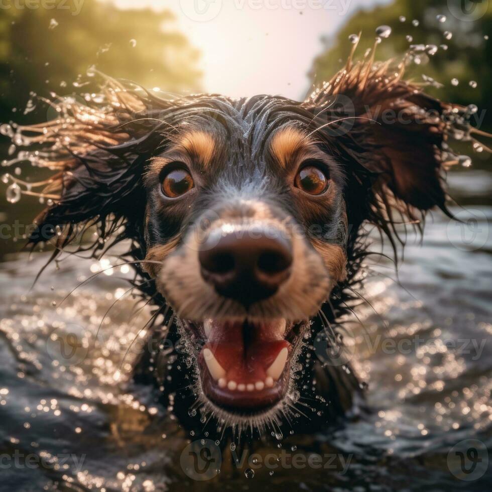 AI generated A happy dog playing in the water photo