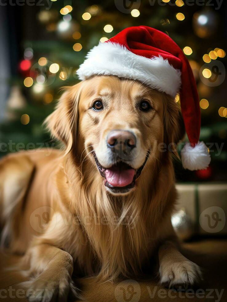 AI generated Golden retriever full body wearing Christmas hat and sitting photo