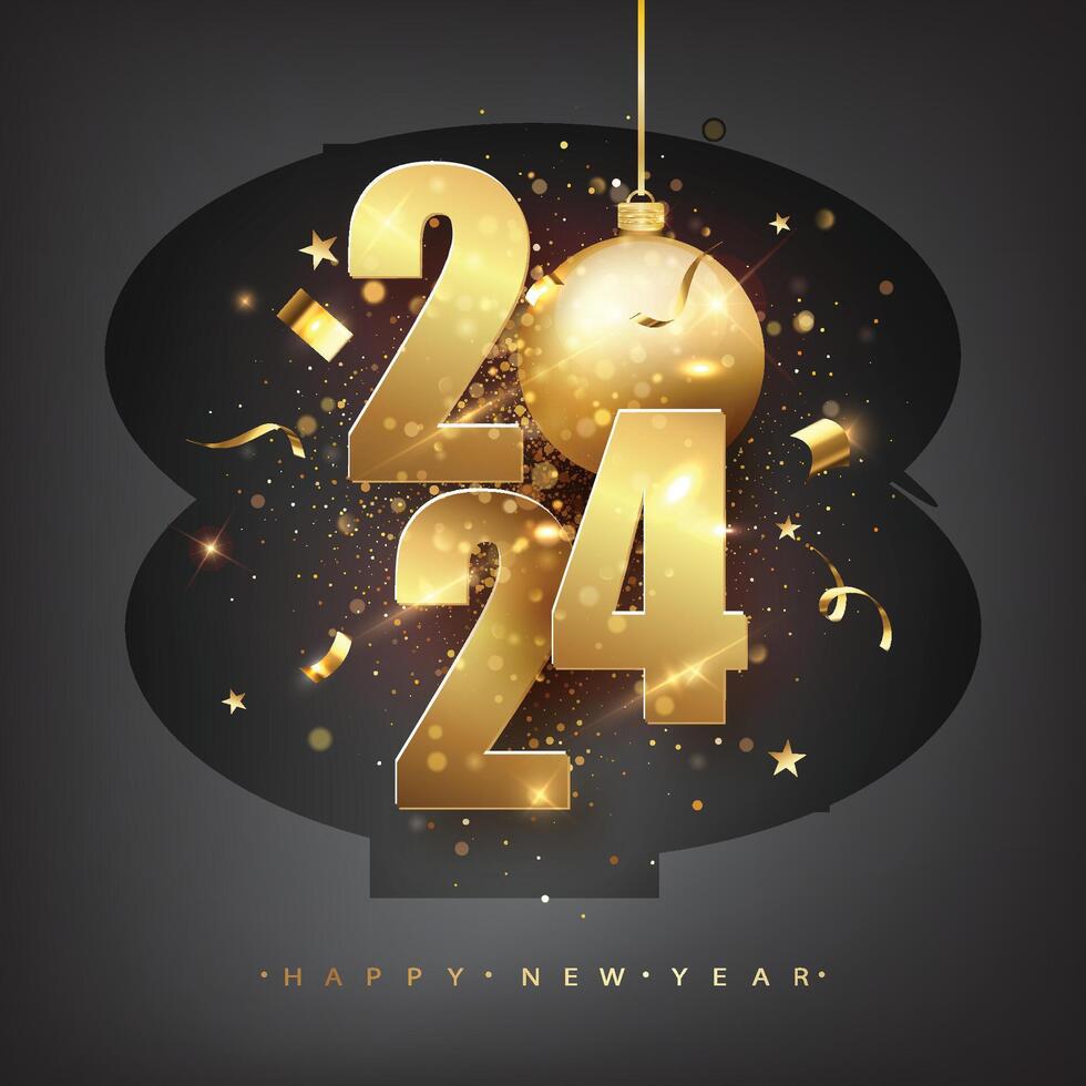 Happy new year 2024 square template with 3D hanging number. Greeting concept for 2024 new year celebration vector