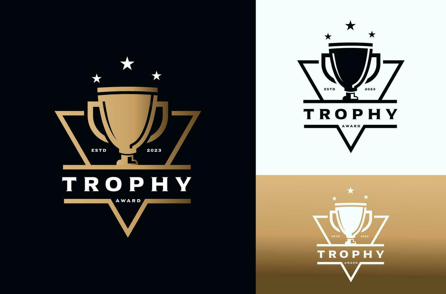 oro trofeo con sencillo triángulo etiqueta diseño con oscuro, oro y blanco antecedentes vector