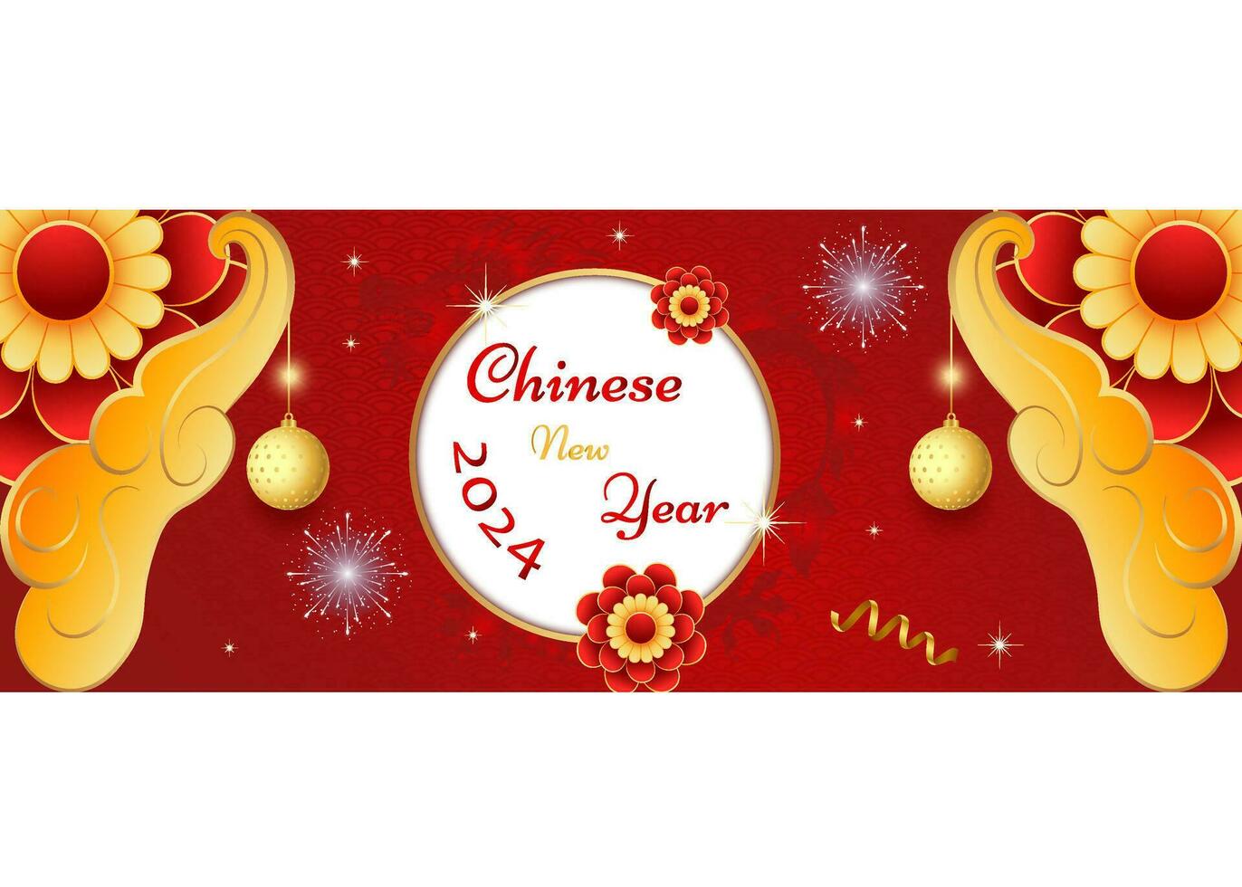 Happy Chinese new year 2024 celebration banner with flower, lantern, Asian elements gold paper cut style on color background. vector