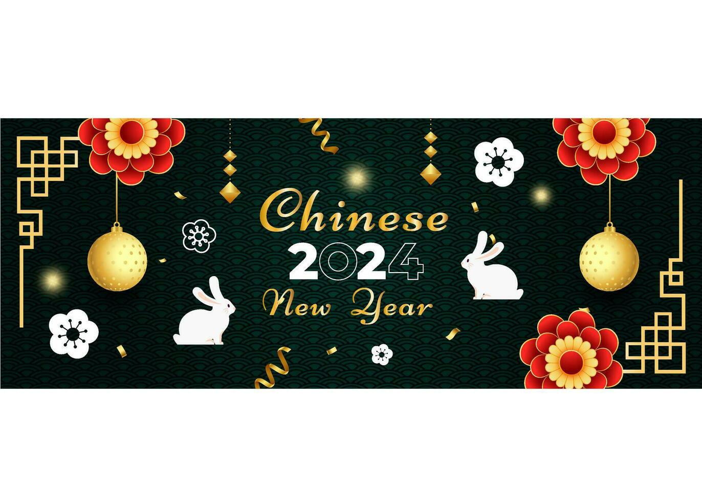 Happy Chinese new year 2024 celebration banner with flower, lantern, Asian elements gold paper cut style on color background. vector