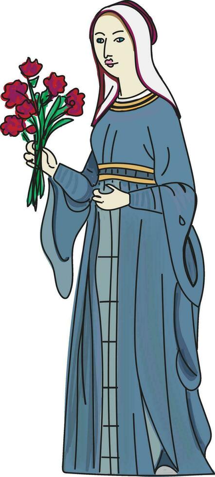 Medieval woman in blue dress and white hennin holding bouquet of red roses vector
