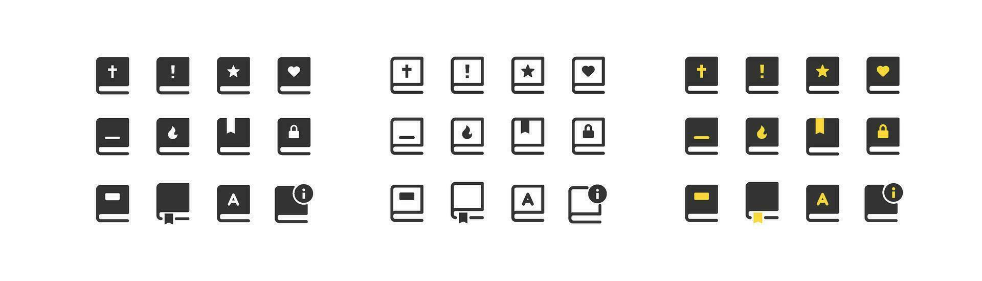 Book and user interface icons set, outline flat and colored vector illustration