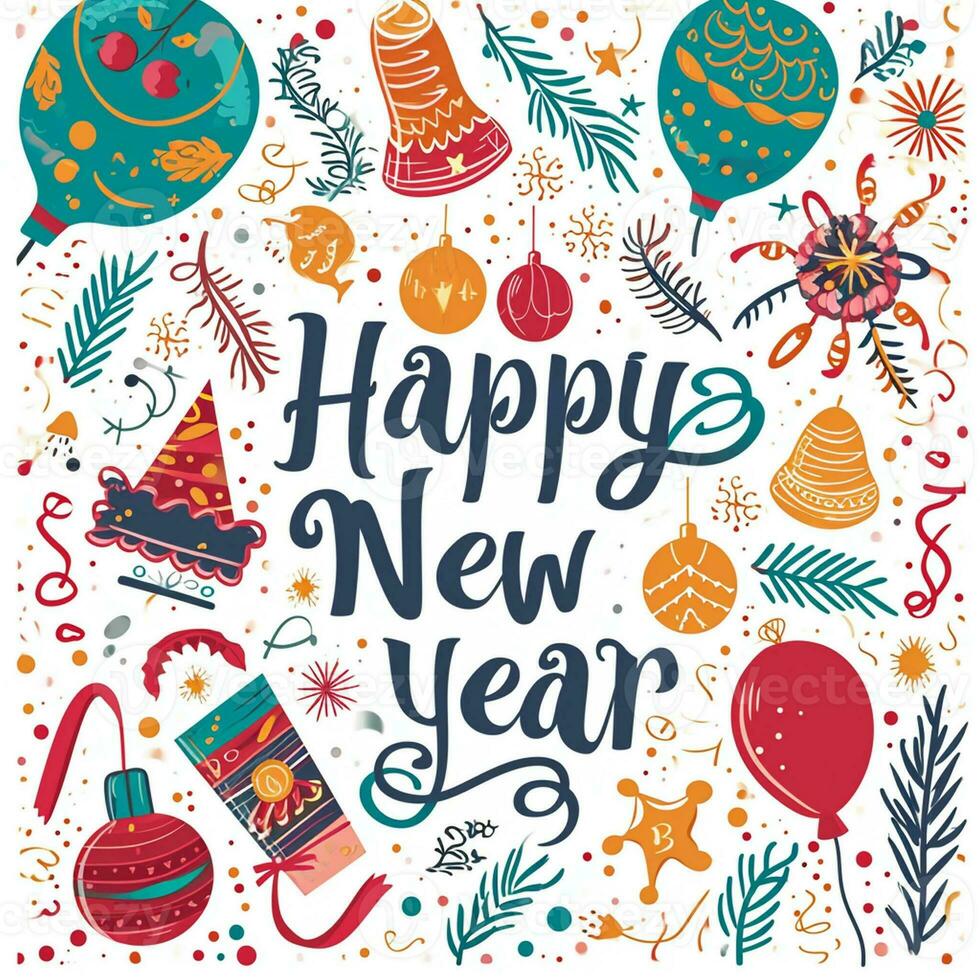 Happy New Year Greeting Card. Hand drawn illustration. photo