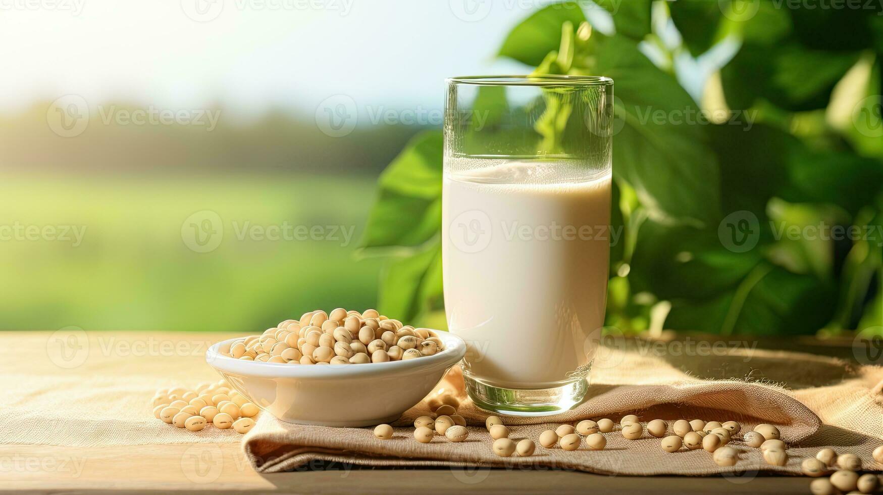 ai generado retrato soja frijol Leche en el mesa ai generativo foto