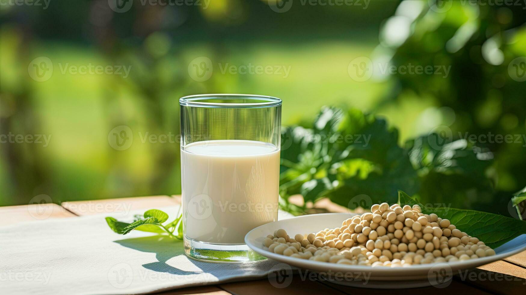 ai generado retrato soja frijol Leche en el mesa ai generativo foto