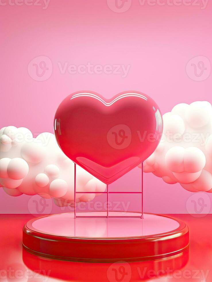 AI generated Glossy heart shape above red podium AI Generative photo