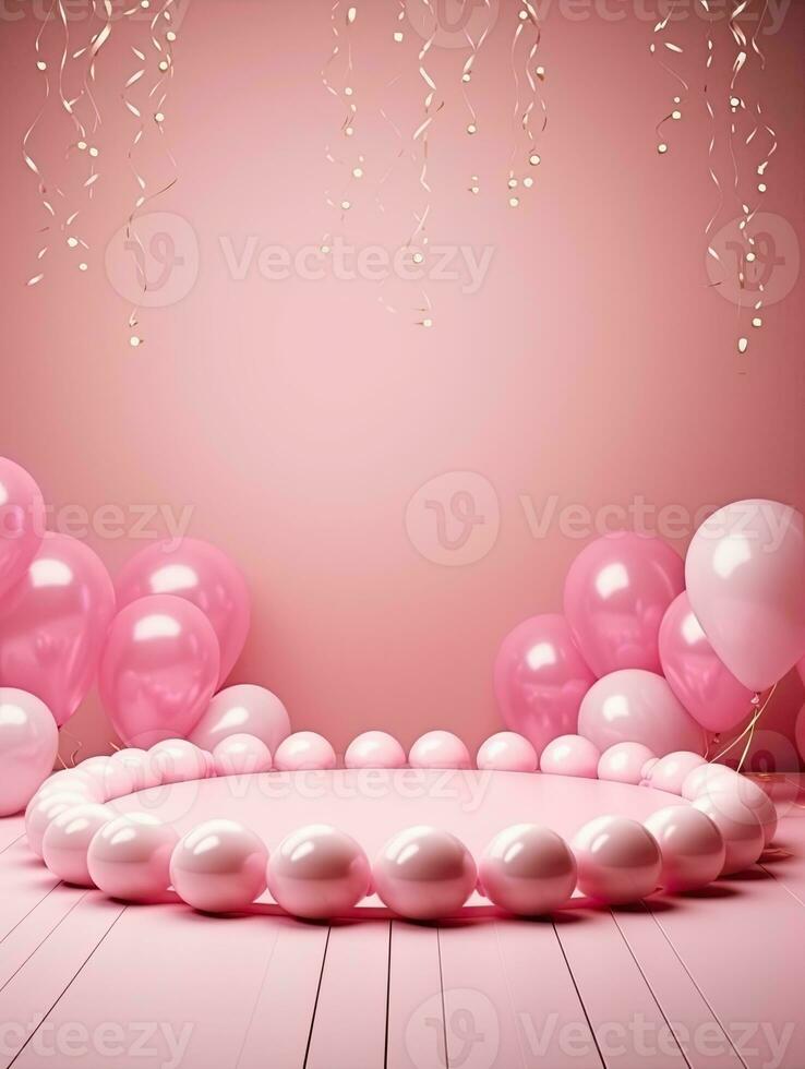 AI generated Pink circle rounded podium with balloon AI Generative photo