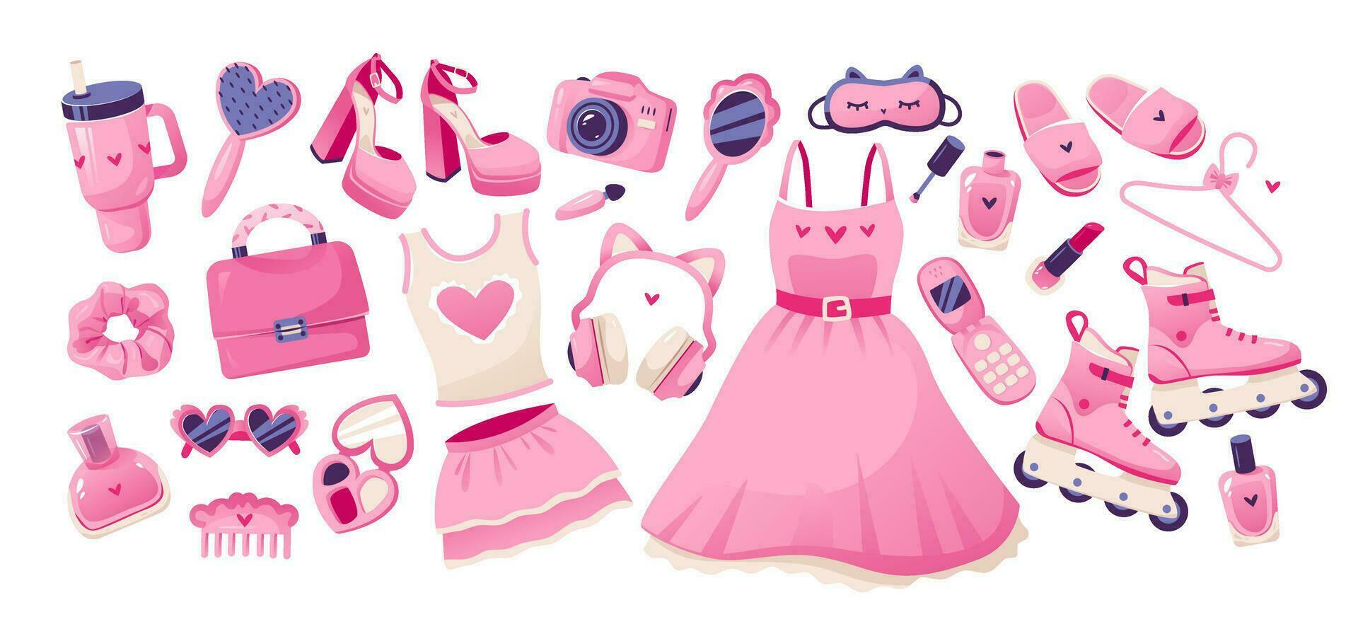 Barbiecore set with cute pink accessories and clothes. Glamorous things dolls. Vector illustration