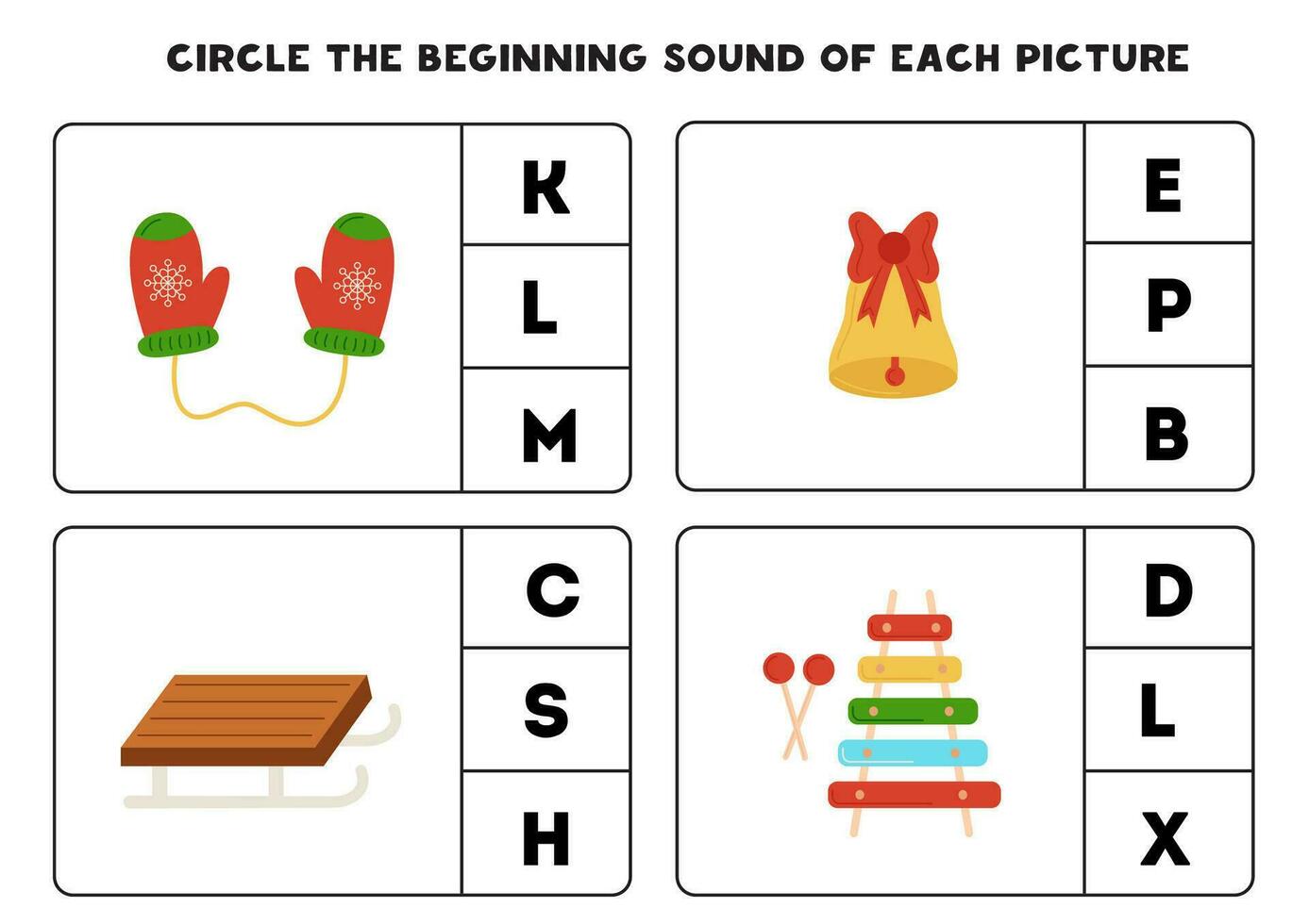 Worksheet for kids. Find the beginning sound of cute red and green items. vector