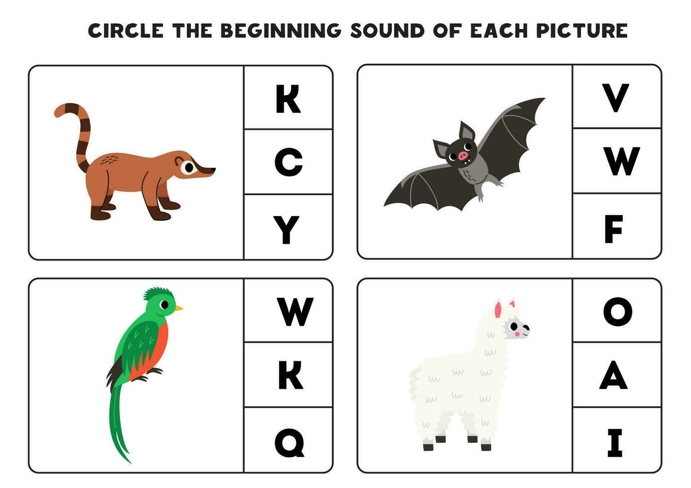 Worksheet for kids. Find the beginning sound of cute South American animals. vector