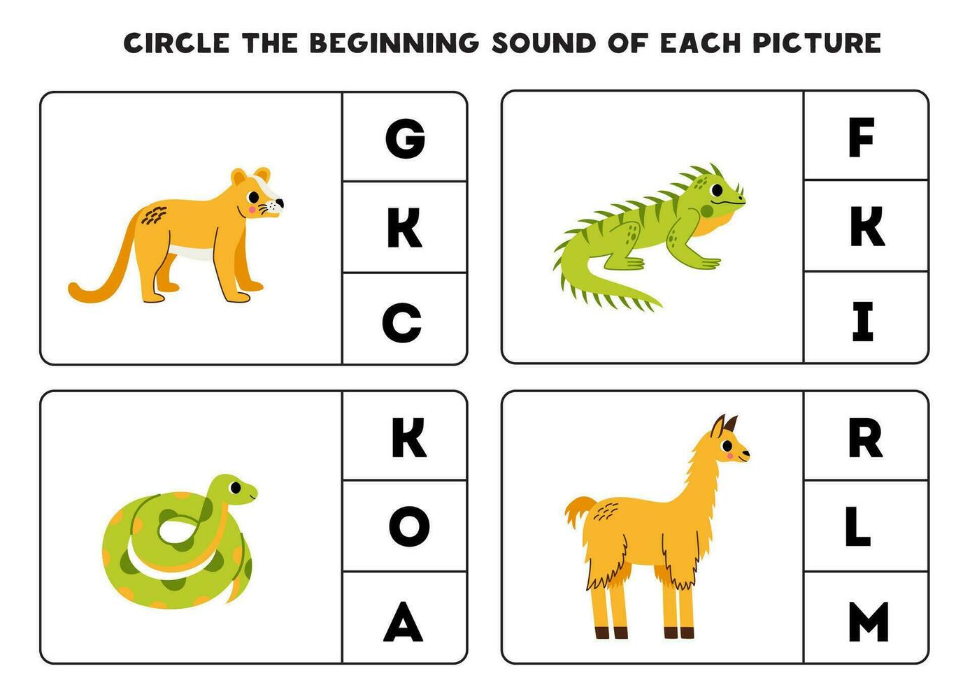 Worksheet for kids. Find the beginning sound of cute South American animals. vector