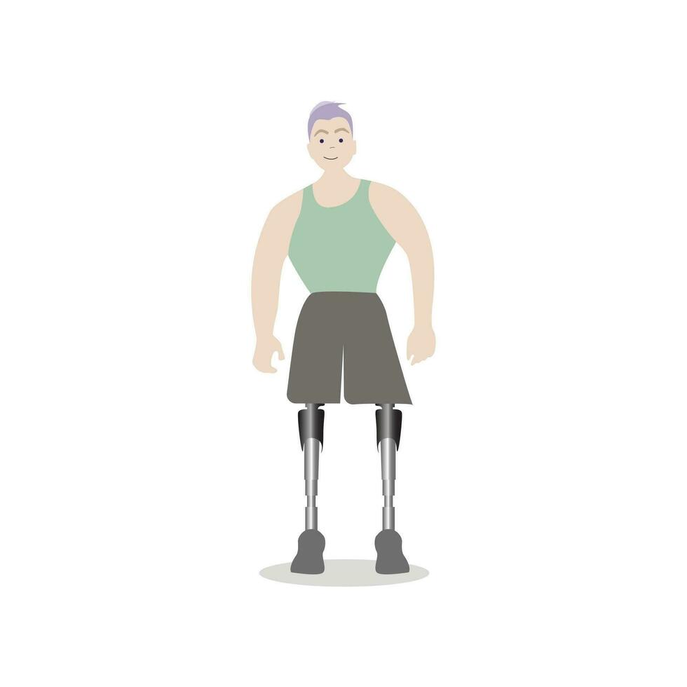 Young guy with prosthetic both legs, man prosthetic foots, sportsman with amputation vector, disability person prosthetic illustration vector