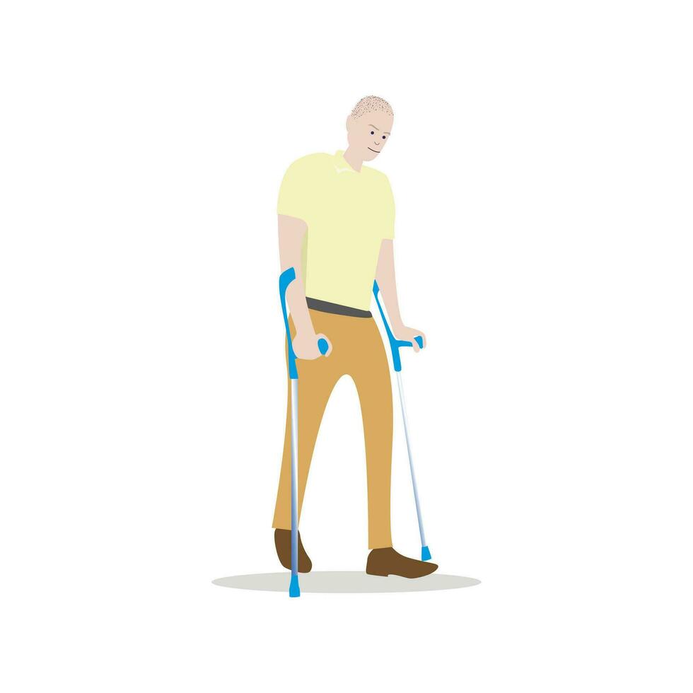 Man on crutches isolated on white. Person with disabilities. Handicapped man walk on crutches. vector patient invalid, guy with injured used stick for walking illustration