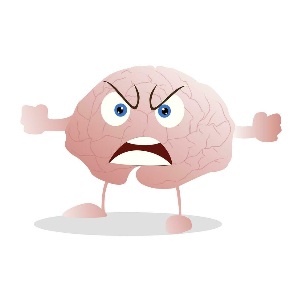 Angry and annoyed brain mascot isolated. Vector mind enraged, rage mood, illustration brain character expression aggression, furious irritated, mental mad emotional