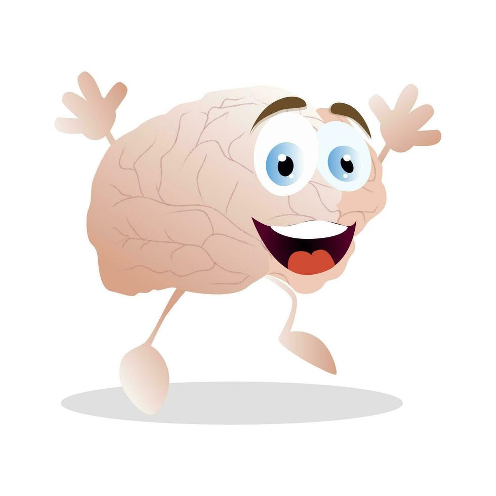 Emotion of happiness brain, vector cartoon mascot. Vector brain feels excited, pleased and good mood human mind, illustration intelligence emotion face brain