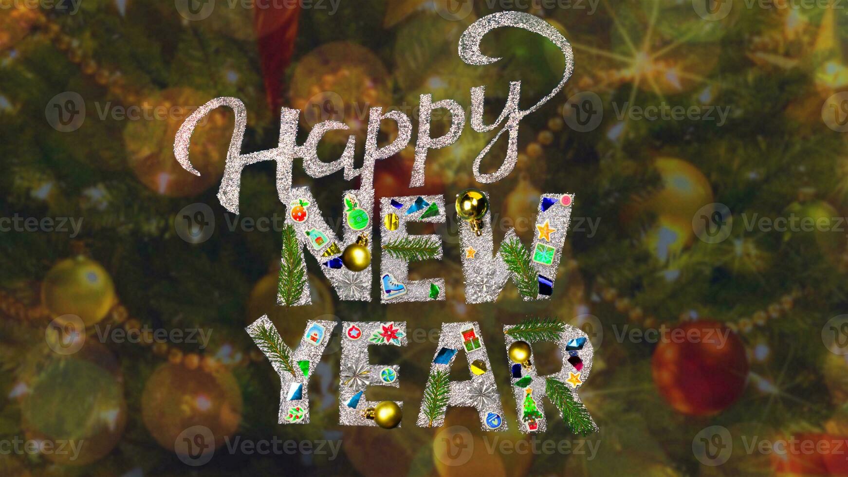 Happy New Year inscription made of sparkles christmas tree background, craft hand made photo