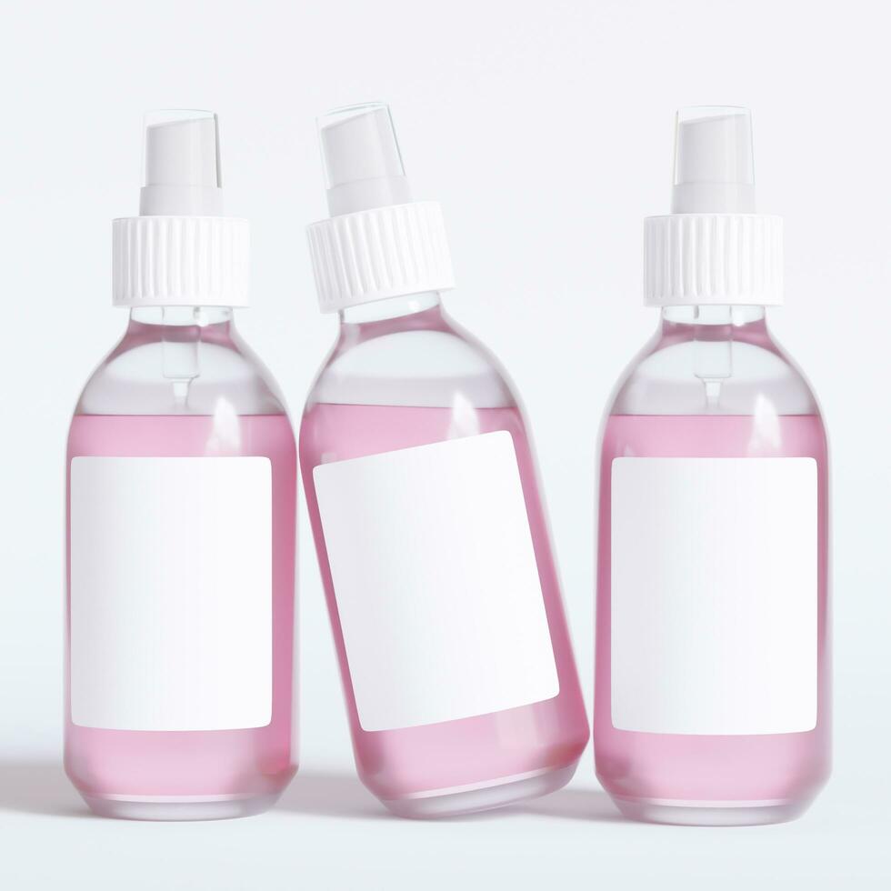 Glass bottle cosmetic rendering 3D software illustration with label and white color realistic texture photo