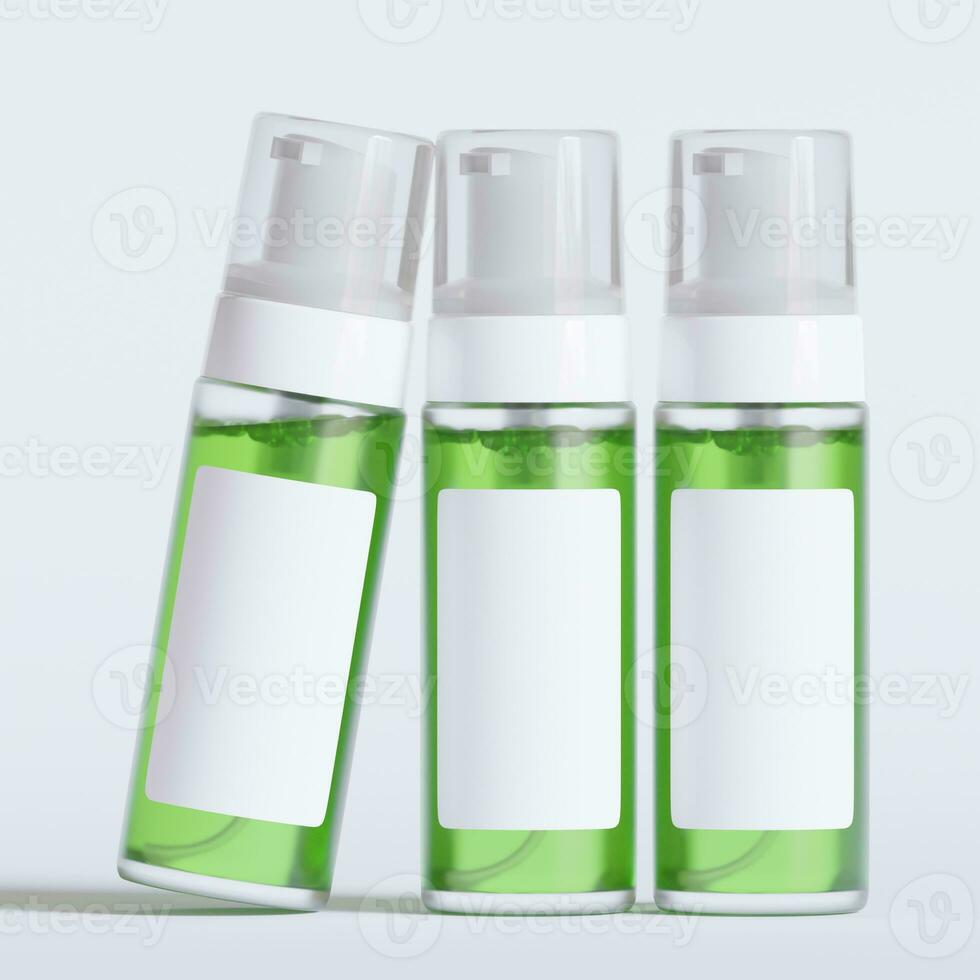Glass bottle cosmetic rendering 3D software illustration with label and white color realistic texture photo