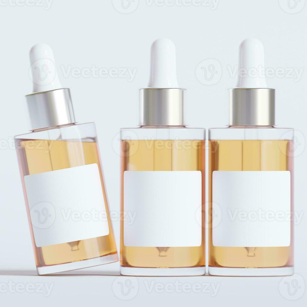 Glass bottle cosmetic rendering 3D software illustration with label and white color realistic texture photo