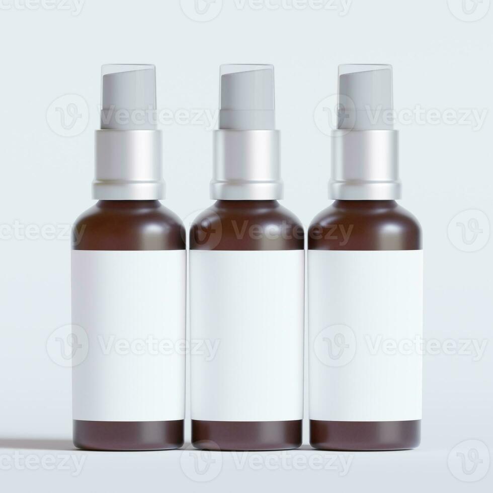 Glass bottle cosmetic rendering 3D software illustration with label and white color realistic texture photo