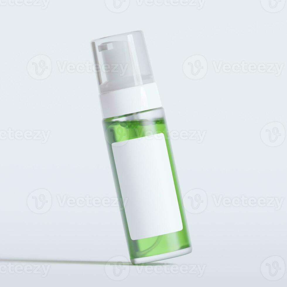 Glass bottle cosmetic rendering 3D software illustration with label and white color realistic texture photo