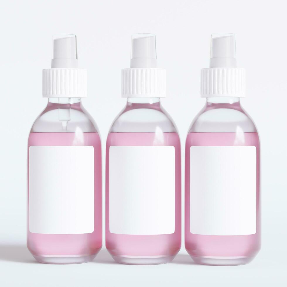 Glass bottle cosmetic rendering 3D software illustration with label and white color realistic texture photo