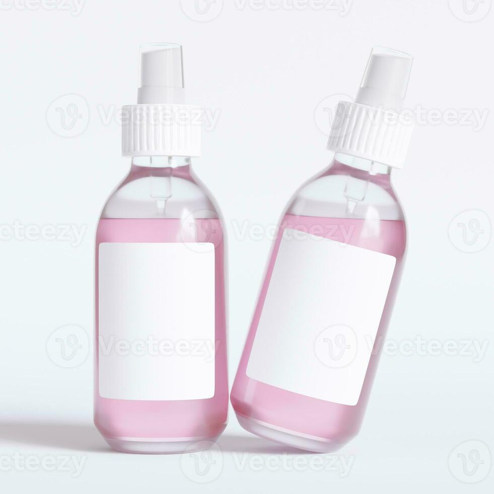 Glass bottle cosmetic rendering 3D software illustration with label and white color realistic texture photo