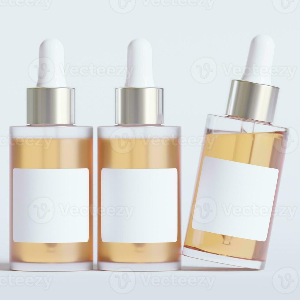 Glass bottle cosmetic rendering 3D software illustration with label and white color realistic texture photo