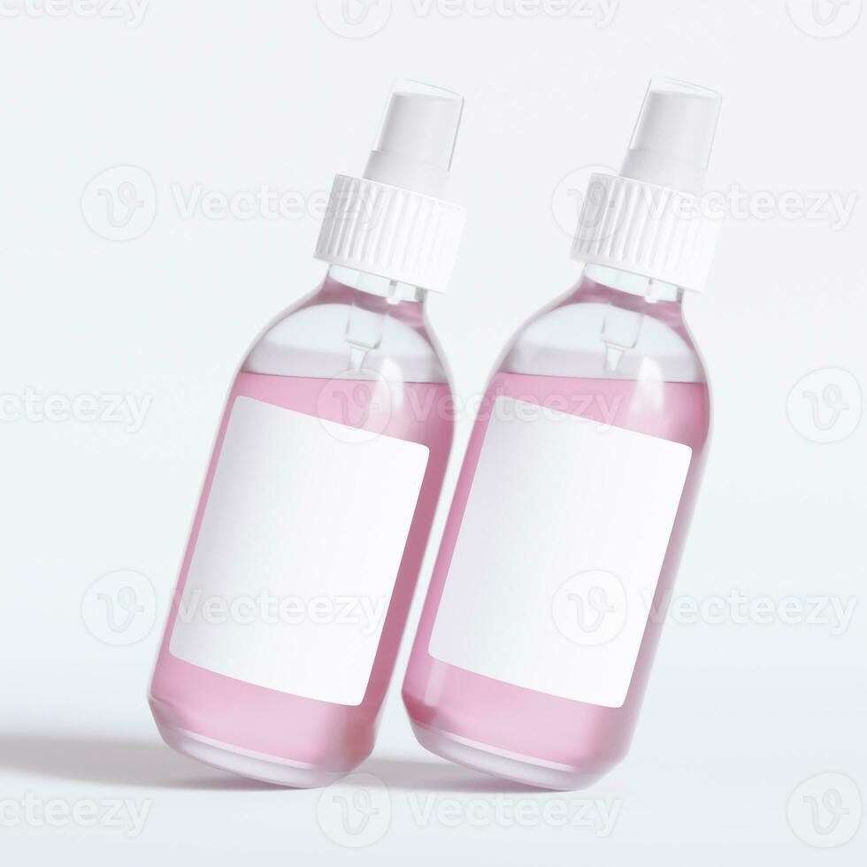 Glass bottle cosmetic rendering 3D software illustration with label and white color realistic texture photo