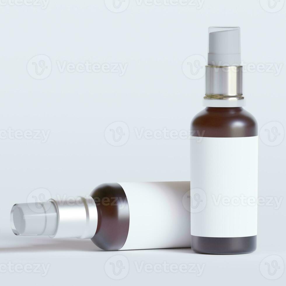 Glass bottle cosmetic rendering 3D software illustration with label and white color realistic texture photo