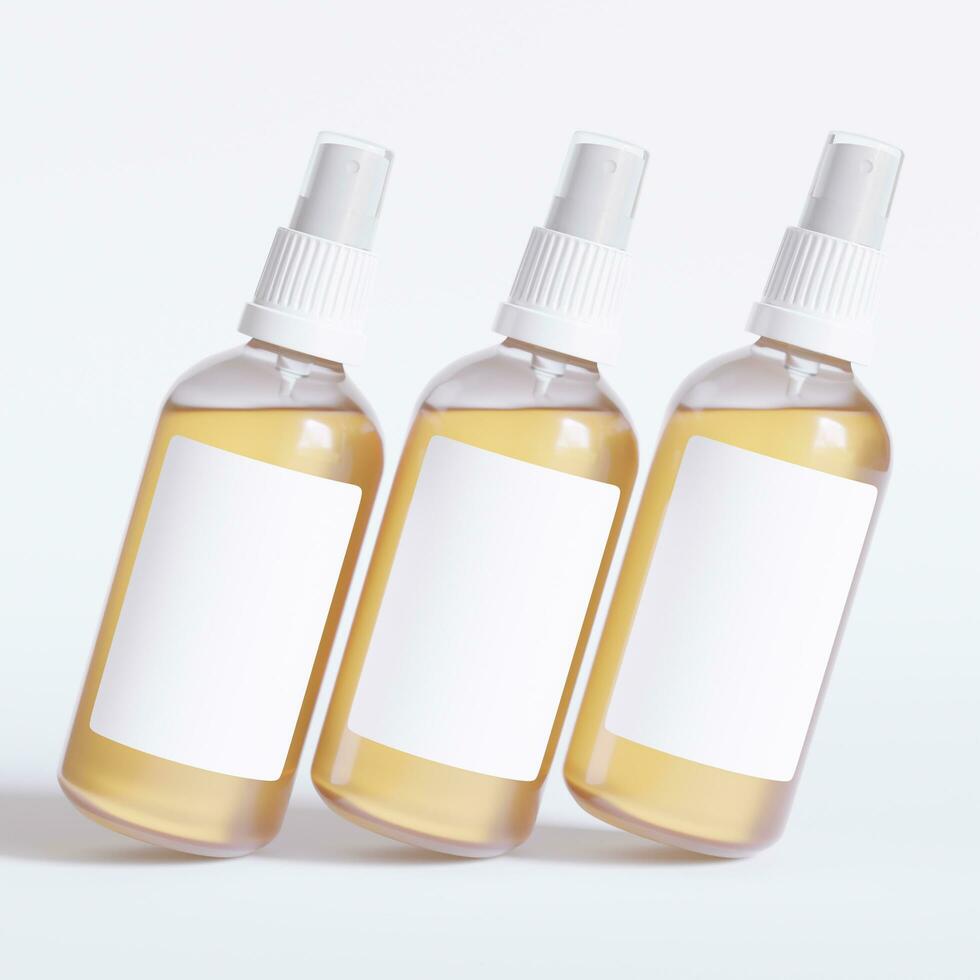 Glass bottle cosmetic rendering 3D software illustration with label and white color realistic texture photo