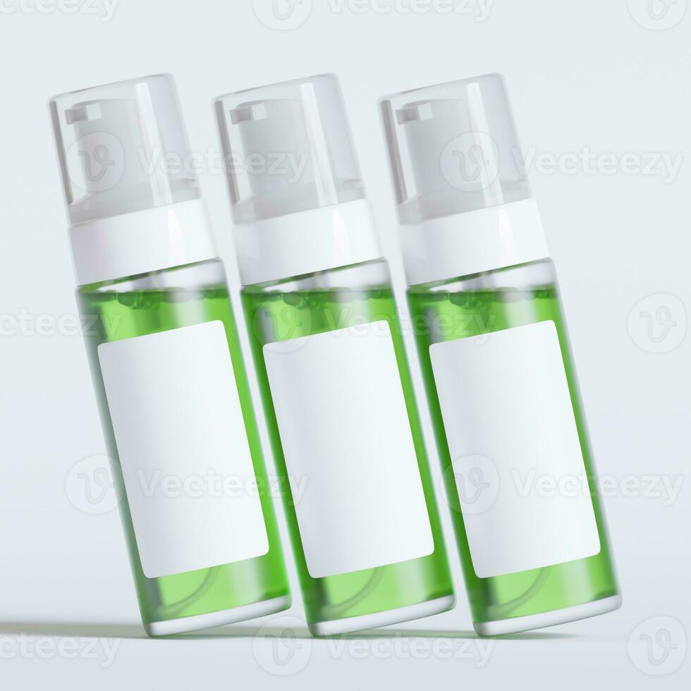 Glass bottle cosmetic rendering 3D software illustration with label and white color realistic texture photo