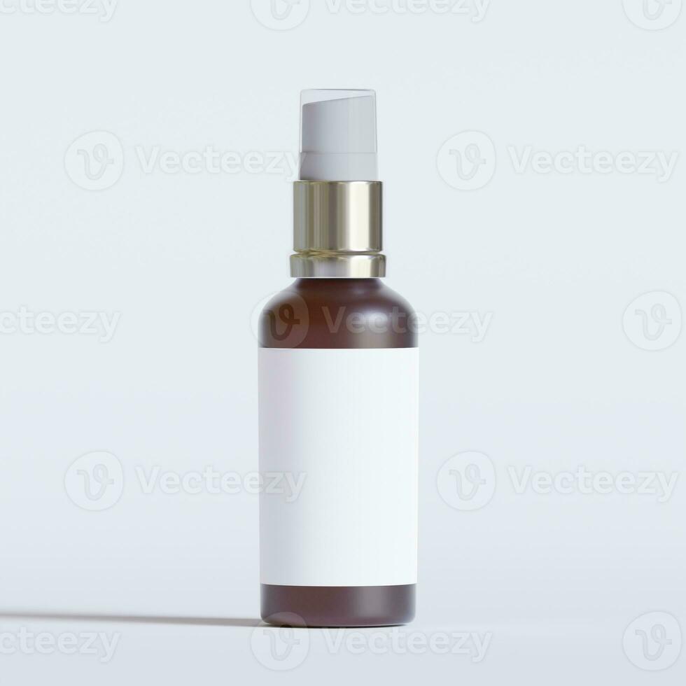 Glass bottle cosmetic rendering 3D software illustration with label and white color realistic texture photo