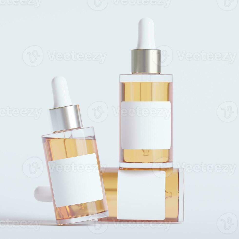 Glass bottle cosmetic rendering 3D software illustration with label and white color realistic texture photo