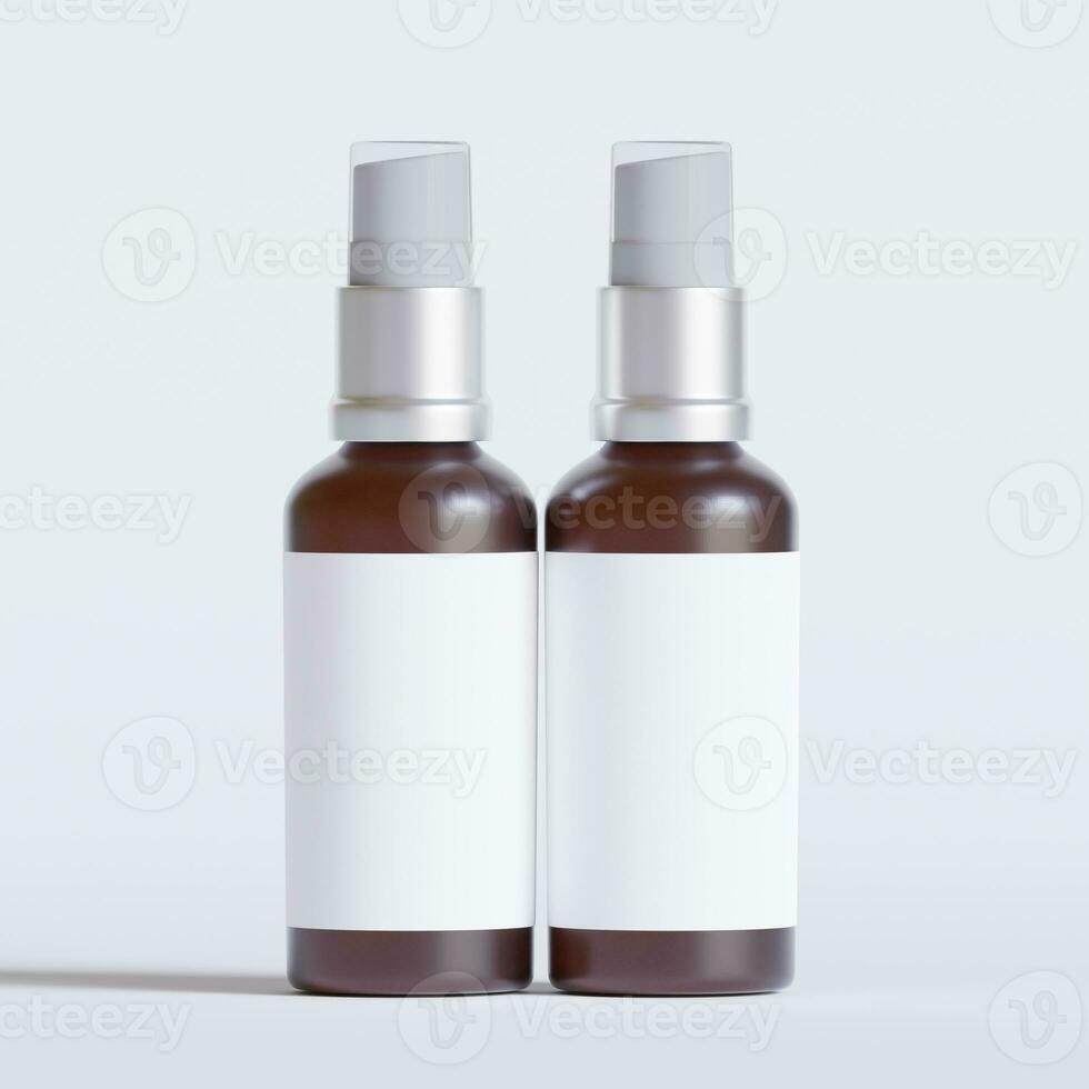 Glass bottle cosmetic rendering 3D software illustration with label and white color realistic texture photo
