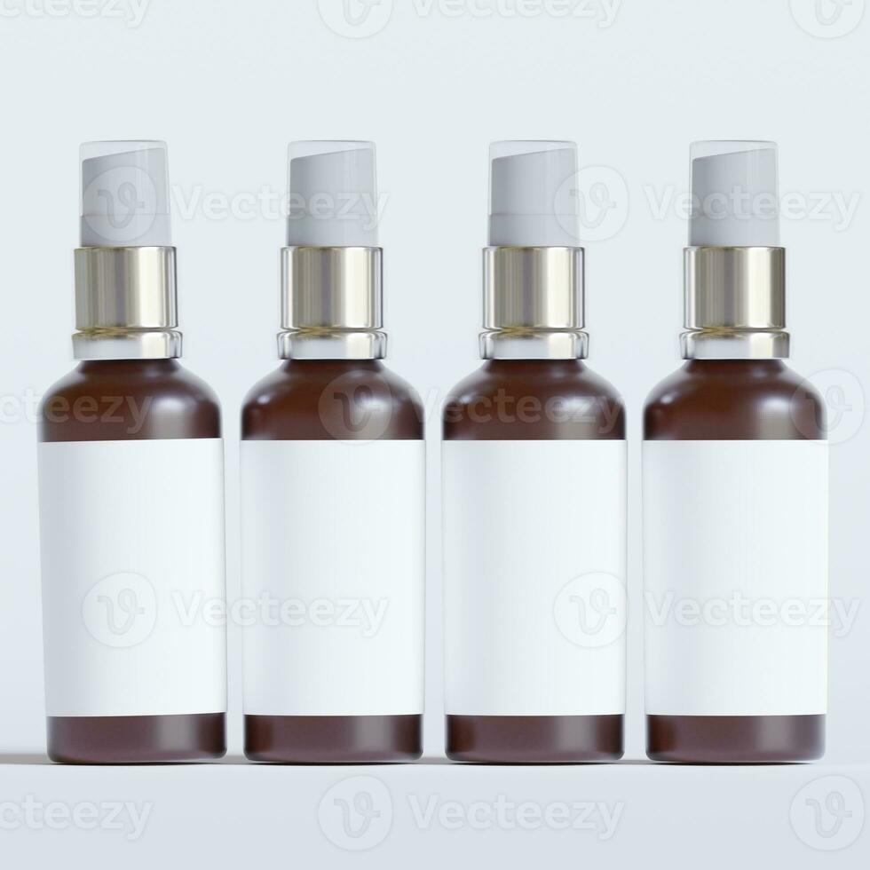 Glass bottle cosmetic rendering 3D software illustration with label and white color realistic texture photo