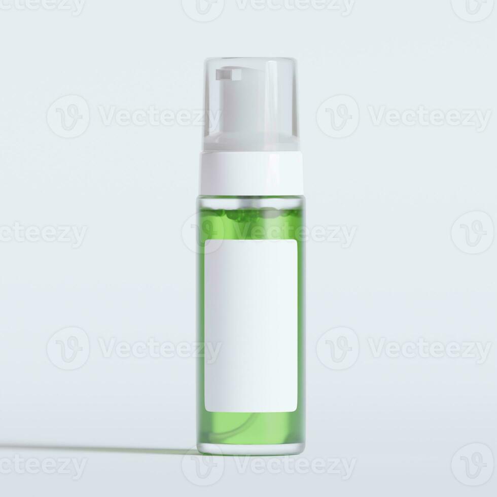 Glass bottle cosmetic rendering 3D software illustration with label and white color realistic texture photo