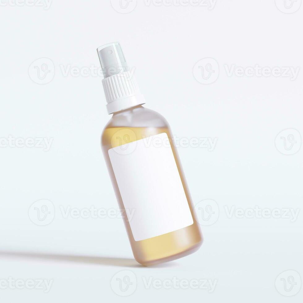 Glass bottle cosmetic rendering 3D software illustration with label and white color realistic texture photo