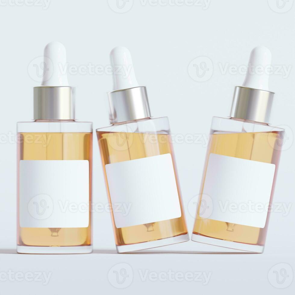 Glass bottle cosmetic rendering 3D software illustration with label and white color realistic texture photo